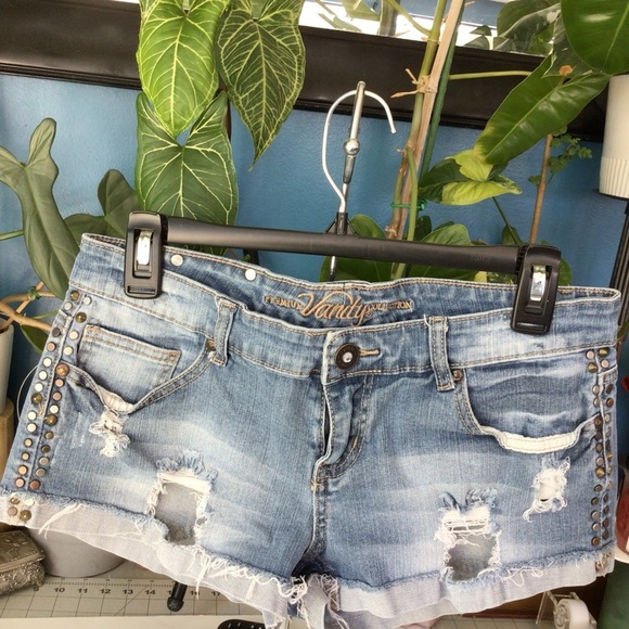 Vintage 90s Y2K Vanity Blue Jean Shorts Distressed Cut-Off Style - Picture 1 of 8